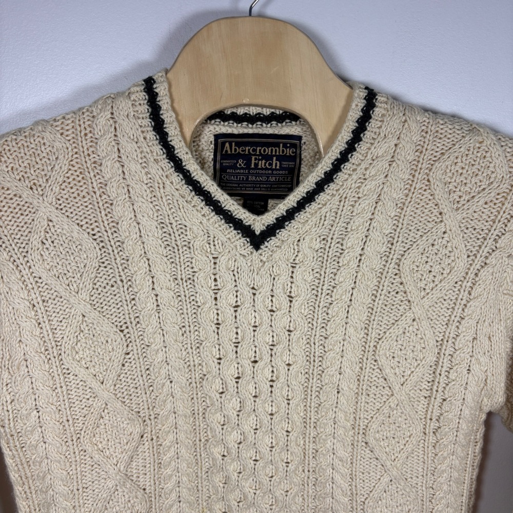 Abercrombie & Fitch Vintage Cable Knit Sweater Ivory Wool Blend V-Neck Mens M